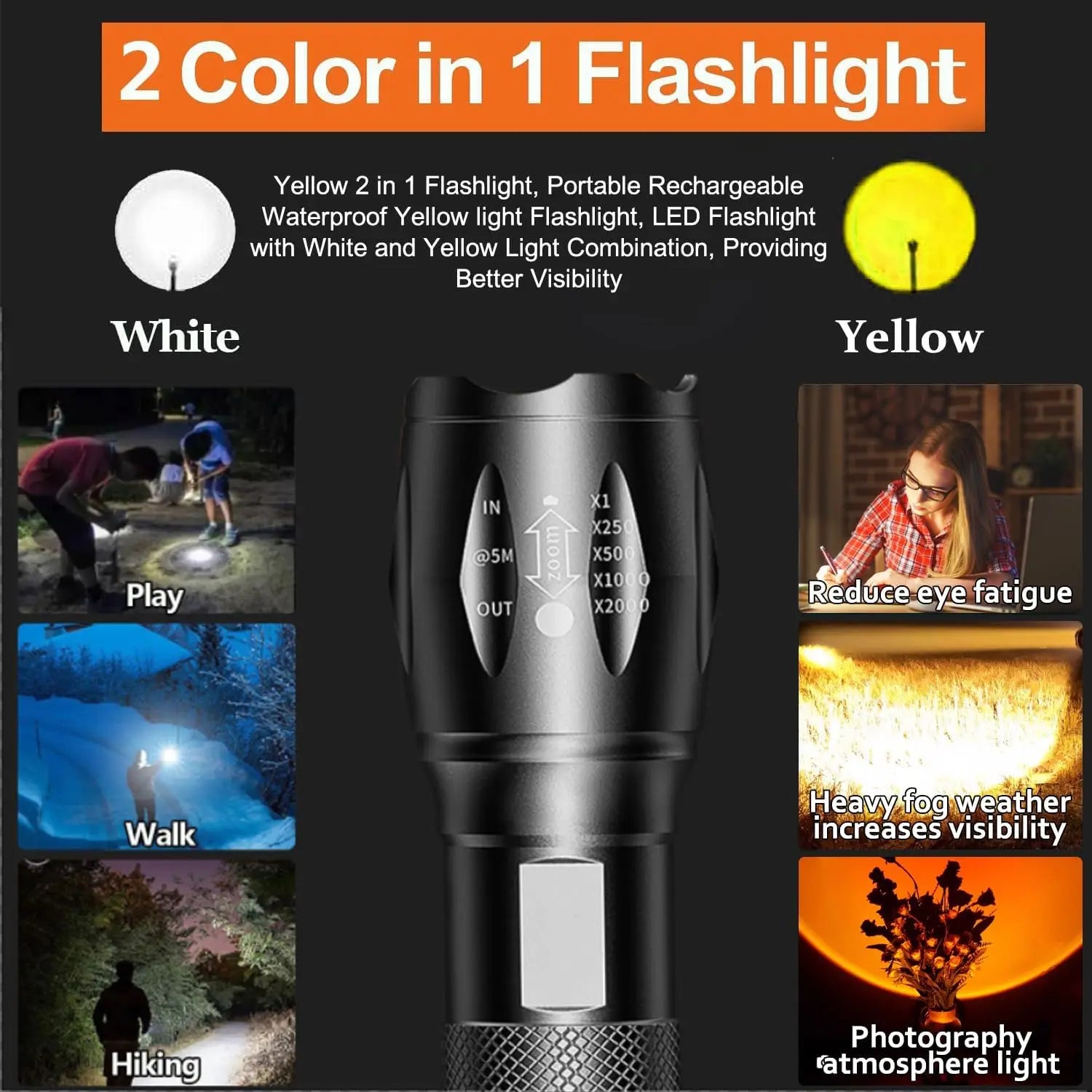2-in-1 Flashlight Yellow & White Light Hight Lumen Amber Light for Fishing Flashlight, Camping,Emergency Dual Light Lamp Oasis Select