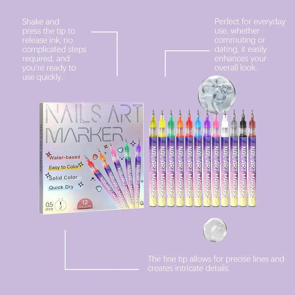 12-Piece Nail Art Graffiti Pens – Waterproof Quick-Dry Markers
