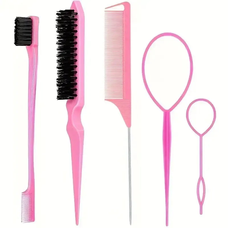 5pcs Hairdressing Tools Pointed Tail Comb Dual Head Eyebrow Brush Triple Row Comb Coiler Hair Salon Styling Comb Oasis Select pink 5pcs