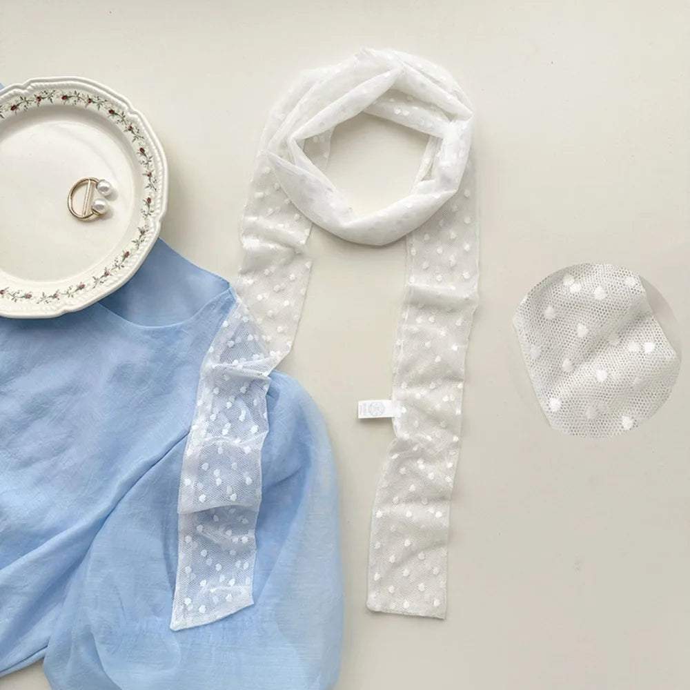 French Style Lace Long Scarf Dots Flower Elegent Hair Band Neckerchief Multi-functional Dressing Decoration Neck Strap Women Oasis Select 1-White