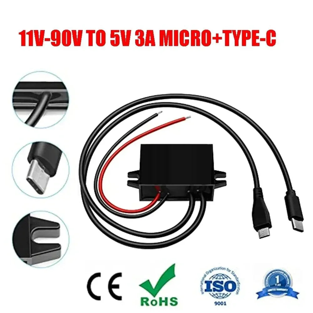 12V 24V 36V 48V 60V 72V to 5V 3A 15W DC DC 11-90V to 5V USB Converter with Type C and micro USB Output Power Adapter Converter Oasis Select