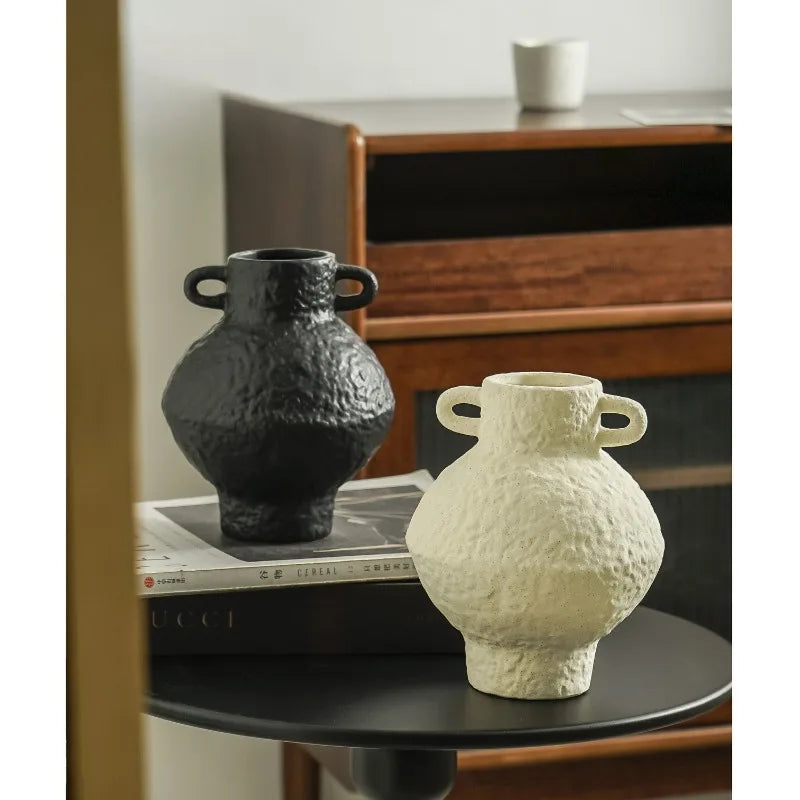 Ins-style Retro Ceramic Vase, Artistic Flower Vase, Living Room Flower Arrangement, Double-ear Pendant, Simple and Elegant Vase Oasis Select