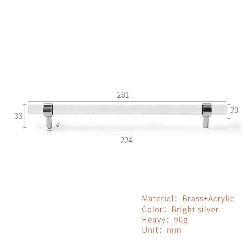 Brass Transparent Furniture Handles Modern Minimalist Acrylic Silver Gold Wardrobe Cupboards Dresser Drawer Kitchen Knobs Oasis Select B5-224mm