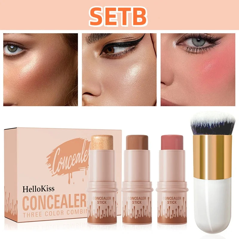 Hello Kiss 4-Piece Contour Highlight Blush Stick Set & Brush