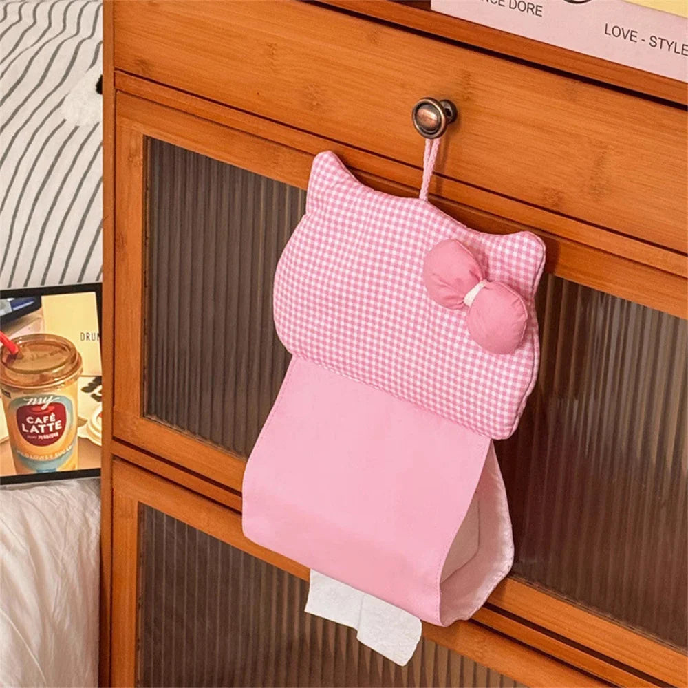 Portable Hanging Tissue Case Red Plaid Fabric Bow Tissue Box Living Room Container Home Car Towel Napkin Papers Bag Home Decor Oasis Select