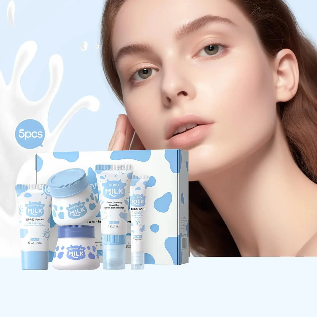 Brightening Milk Skincare Set 5 Piece Nourishing Cleanser Eye Cream Moisturizing Sunscreen Wrinkle Care Facial Treatment Oasis Select