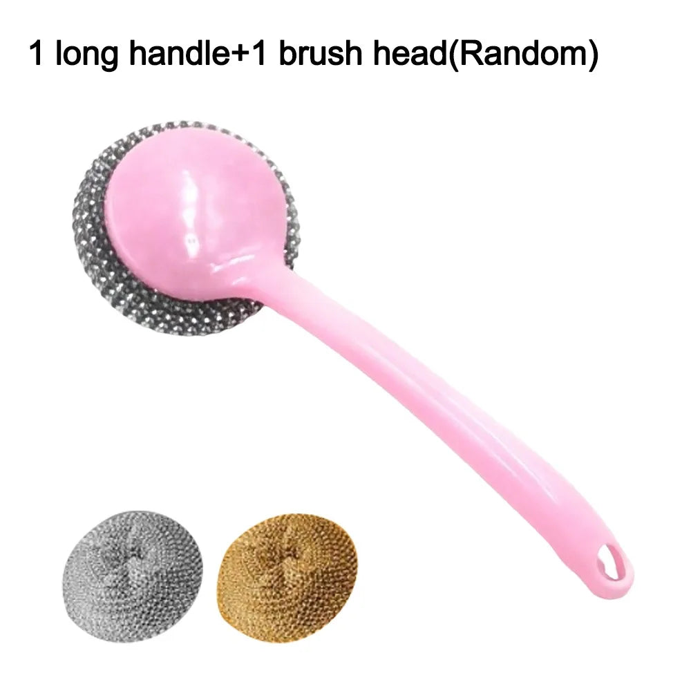 New Long Handle Cleaning Ball Oil Removal Non-stick Oil Steel Wire Ball Brush Multi-function Pot Washing Brush Kitchen Accessory Oasis Select Pink