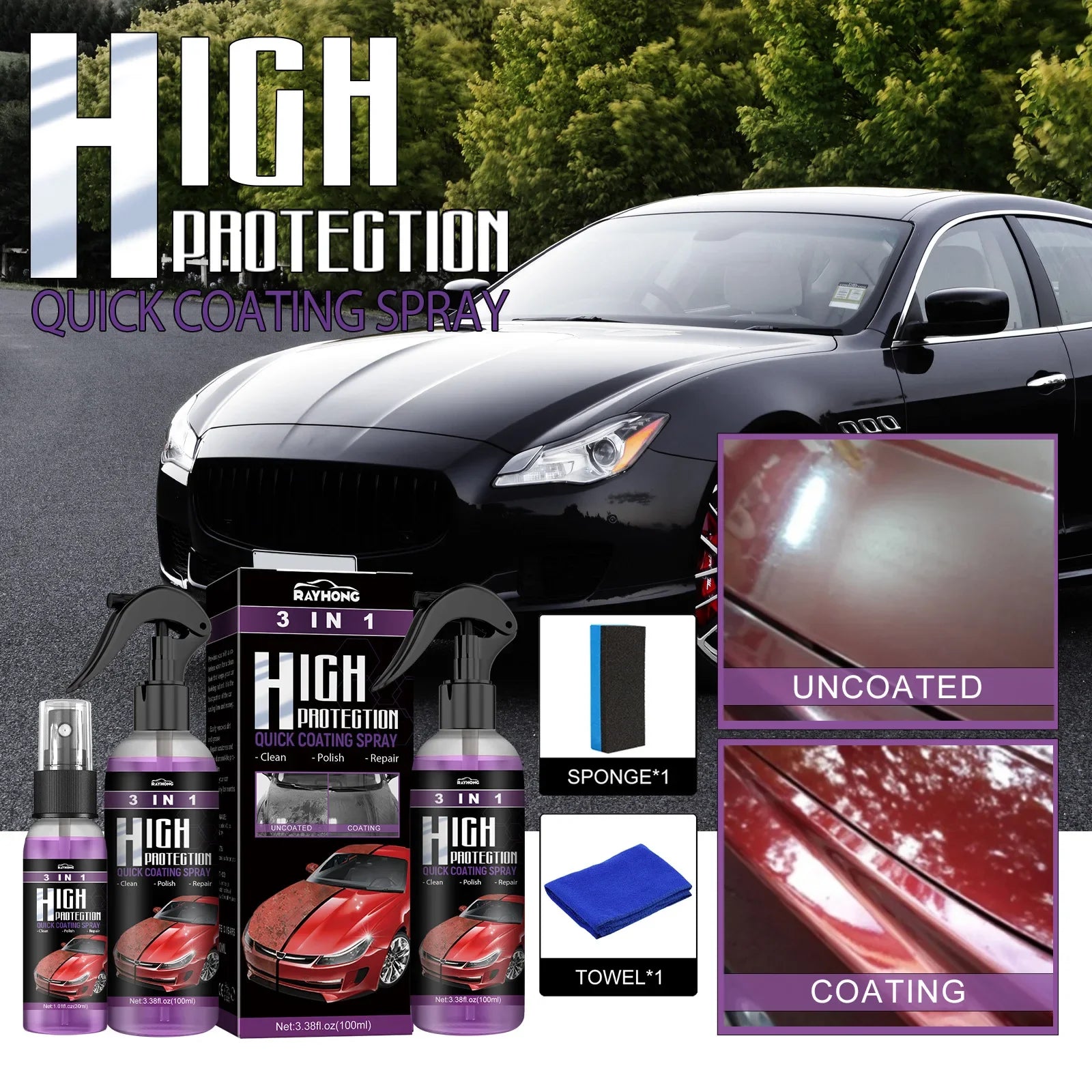30ml/100ml Car Ceramic Coating Spray 3 in 1 Auto Nano Ceramic Coating Polishing Spraying Wax Car Paint Scratch Repair Remover Oasis Select