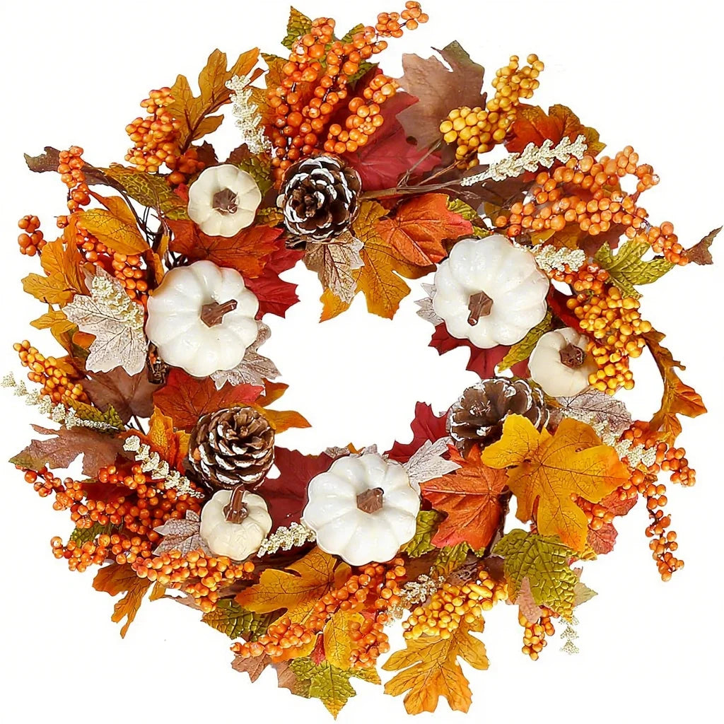 Autumn Door Wreath Christmas Halloween Decoration Pumpkin Berry Pine Cone Maple Artificial Cloth Rattan Material Home decoration Oasis Select F