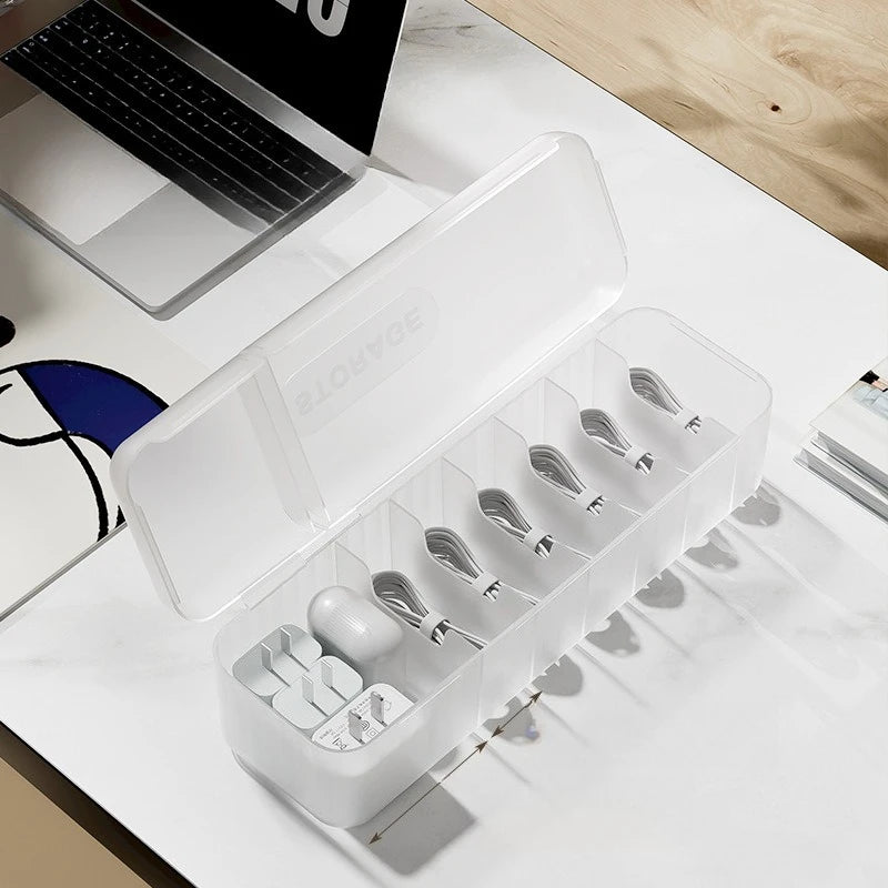 1Pc 7 Compartments Organizer Charger Cord Storage Box Data Cable Storage Case Reusable Cable Storage Box For Home Travel New Oasis Select WHITE