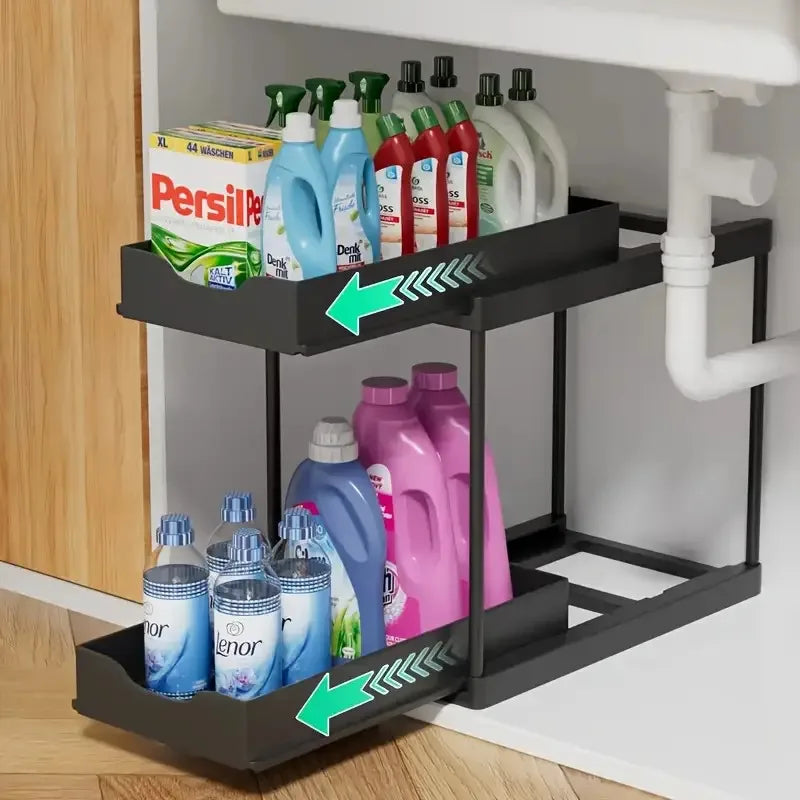 Pull Out Storage Rack 2 Tier,Black/White Under Sink Organizer with Non-Slip Drawers for Kitchen Bathroom Cabinet Bathroom Shelve Oasis Select