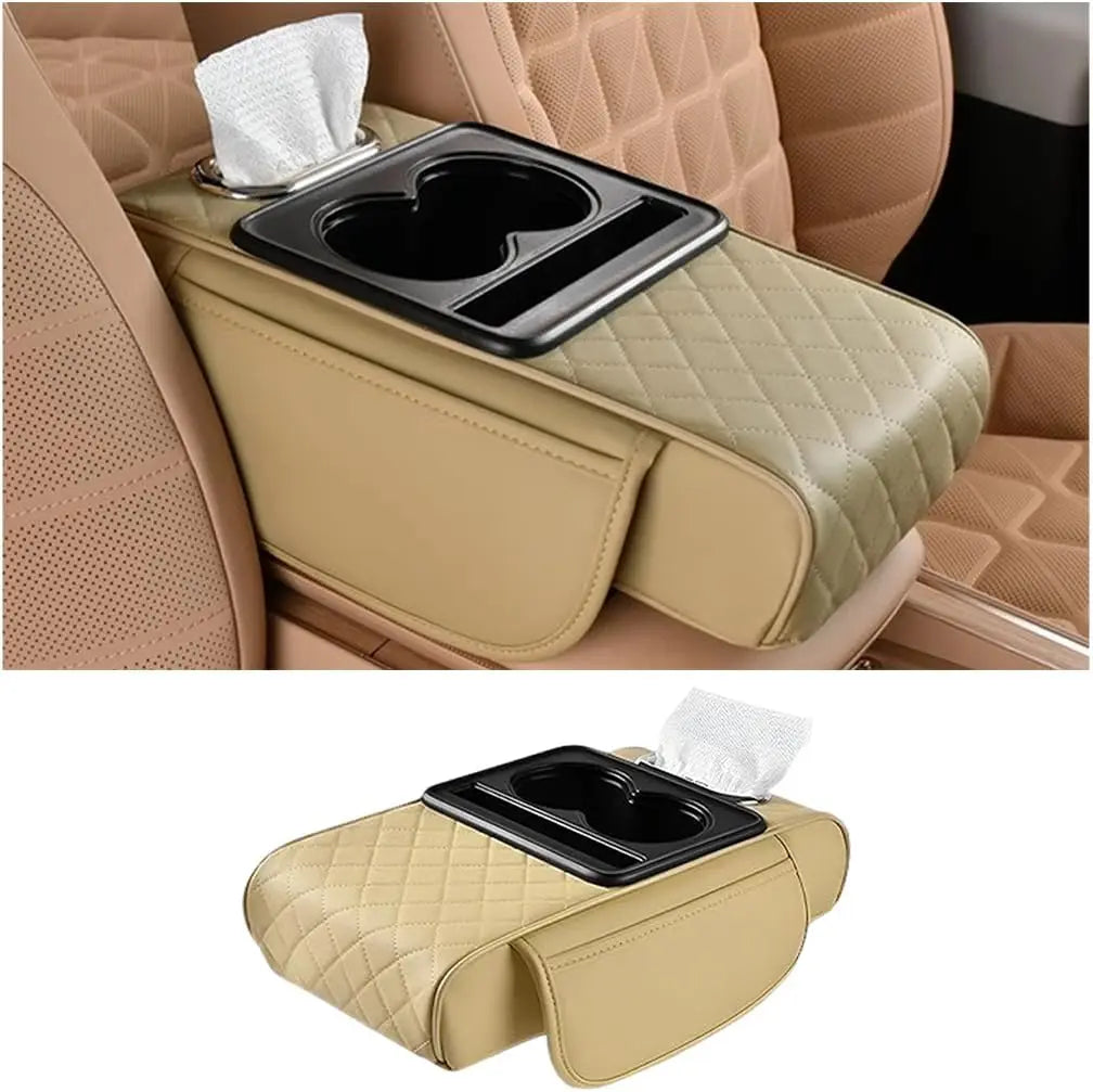Universal PU Leather Car Center Console Armrest Cushion Durable Thick Memory Cotton Cup Holder Tissue Box Elbow Support Pro Pad Oasis Select beige