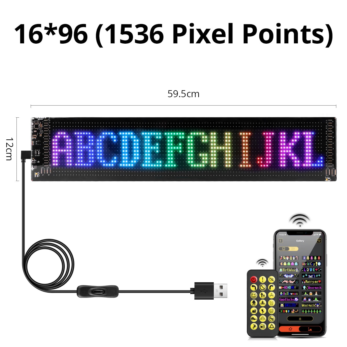 USB 5V Double Row Flexible Display Screen Programmable Matrix Pixel Panel For Board Windshield with Remote Car Devil Eye Light Oasis Select 16x96 LEDs 12x60CM