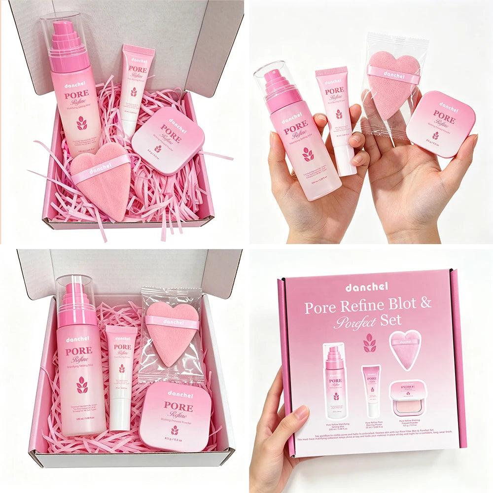 Makeup Set Oil Control Matte Finish Pore Blurring Primer, Setting Spray, Press Powder, Powder Puff 4-pieces Makeup Combo Kit Oasis Select