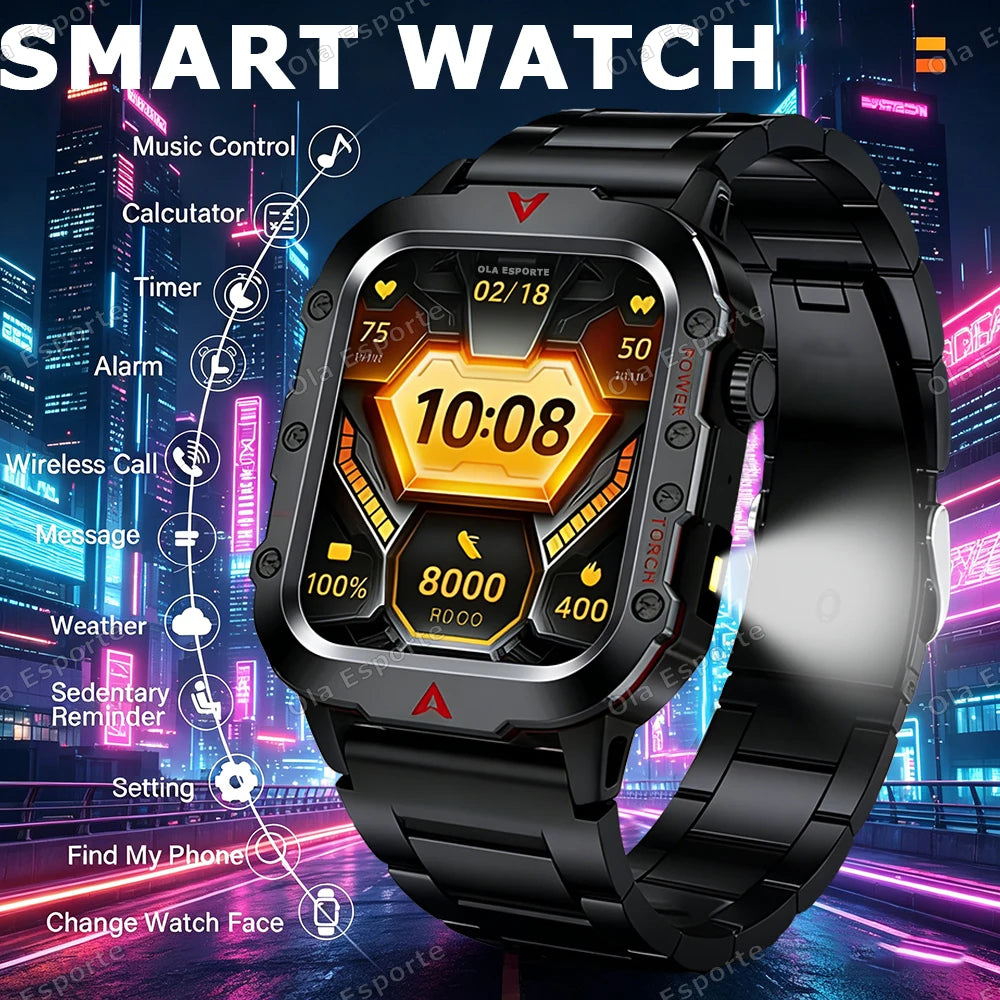 Men's Military Outdoor Smartwatch | Bluetooth Call & LED Flashlight