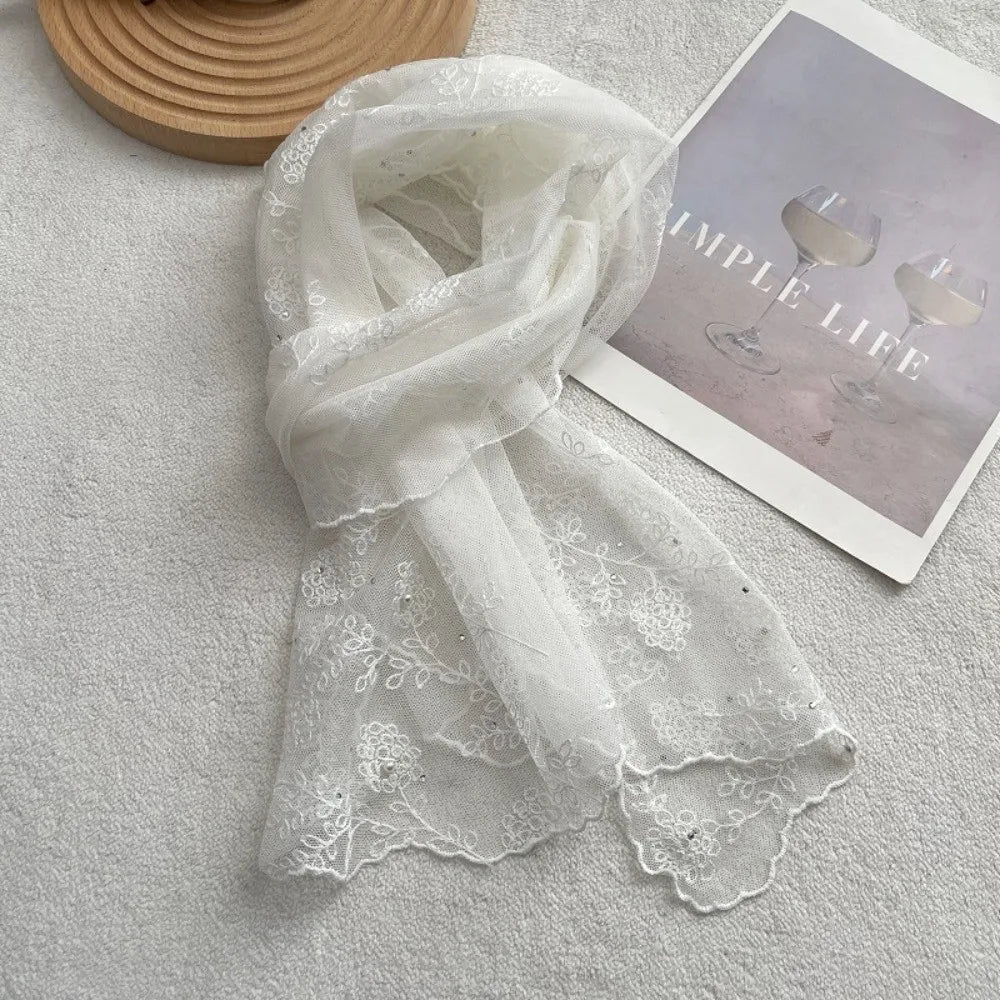 Retro Lace Long Scarf Embroidered Flower Small Flower Headscarf Tide Long Thin Neckerchief Spring and Summer Oasis Select White