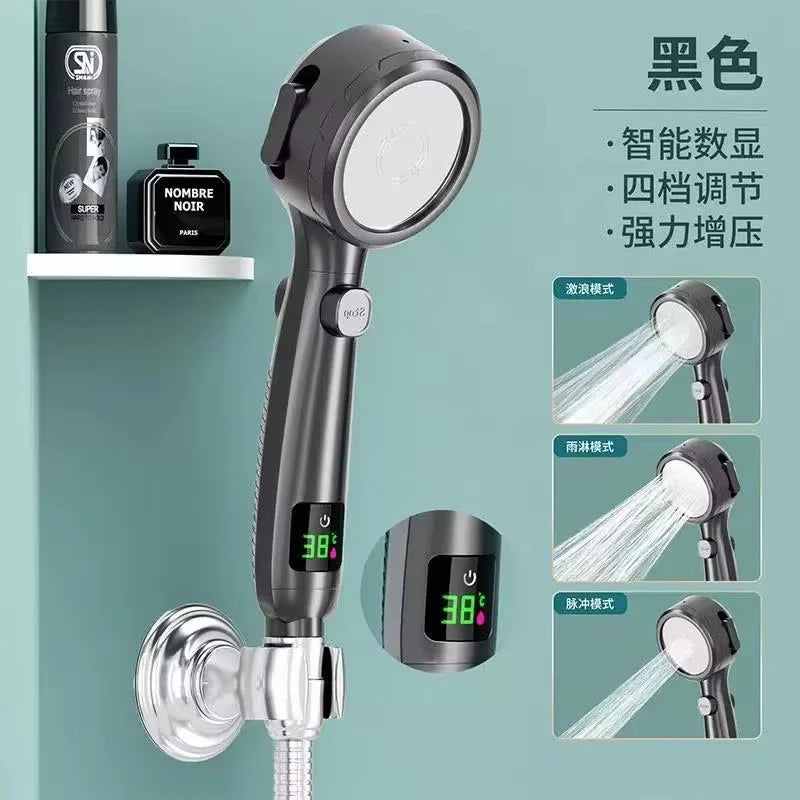 Handheld High-Pressure Bathroom Shower Head, Water-Saving Design with 4-Speed Modes & LED Digital Temperature Display Oasis Select Black