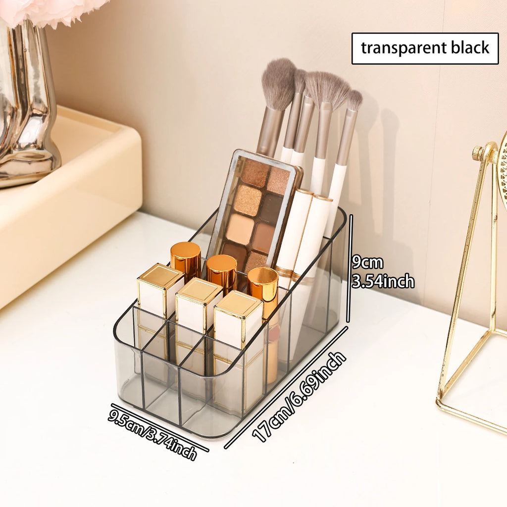 1pc Transparent/Transparent Black Cosmetics Storage Rack Multi Grid Makeup Brush Lipstick Makeup Brush Storage Box Oasis Select transparent black