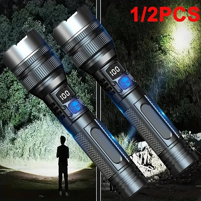 1/2PCS High-Power Flashlight Zoomable Focus Torch USB Rechargeable Flashlights with Strip LCD Smart Power Display for Outdoorr Oasis Select