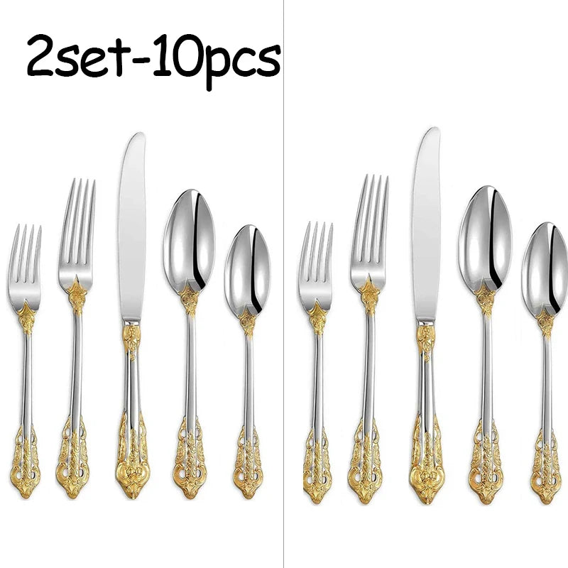 Stainless Steel Dinnerware Sets High-grade Knife Fork And Spoons Cutlery Kits Gold Plated Floral Pattern Tableware Dropship Oasis Select 2set silver golden