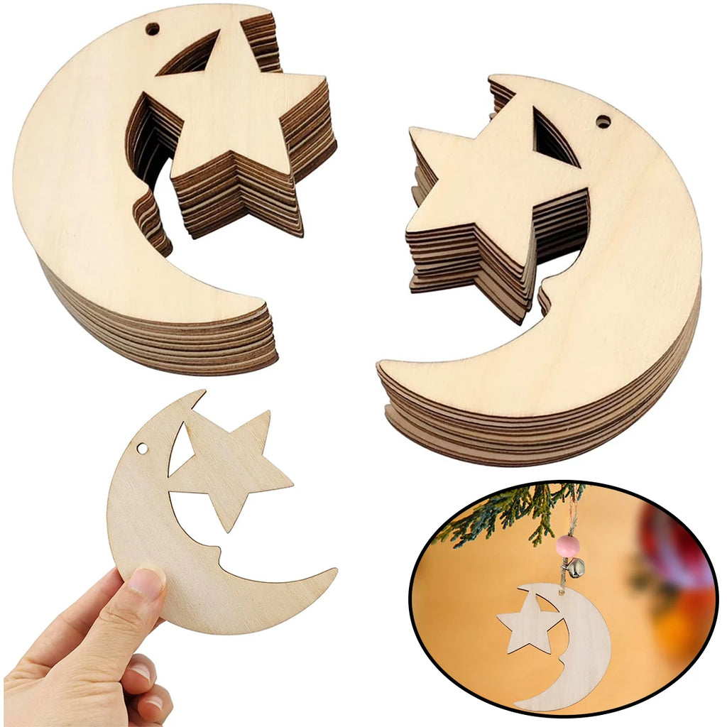 24/48 PCS Wooden Moon & Star Ornaments – DIY Hanging Decor with Hemp Rope for Wedding, Christmas, Birthday & Anniversary Oasis Select