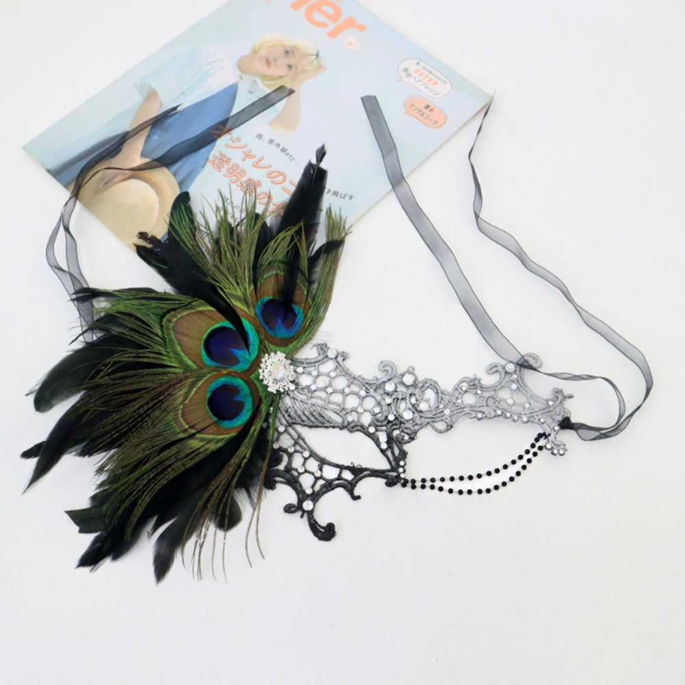 Feathers Design Half-Face Lace Mask Seductive Style Masquerade Feather Mask Fancy Prom Cosplay Masquerade Mask Oasis Select Silver black