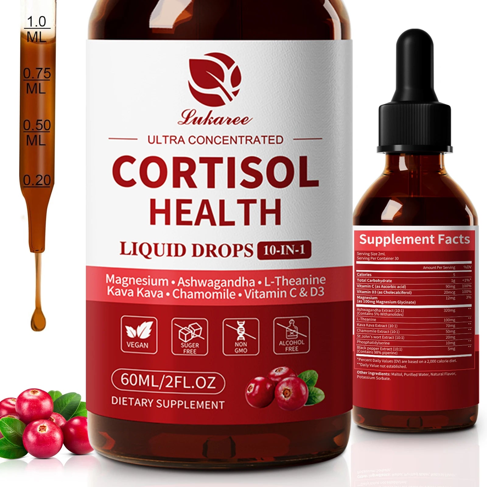 Lukaree 60ML Cortisol Supplements for Women & Men with Magnesium,Kava Kava for Cortisol Reducer & Detox, Mood Focus,Sleep Health Oasis Select 60ml 5bottles United States