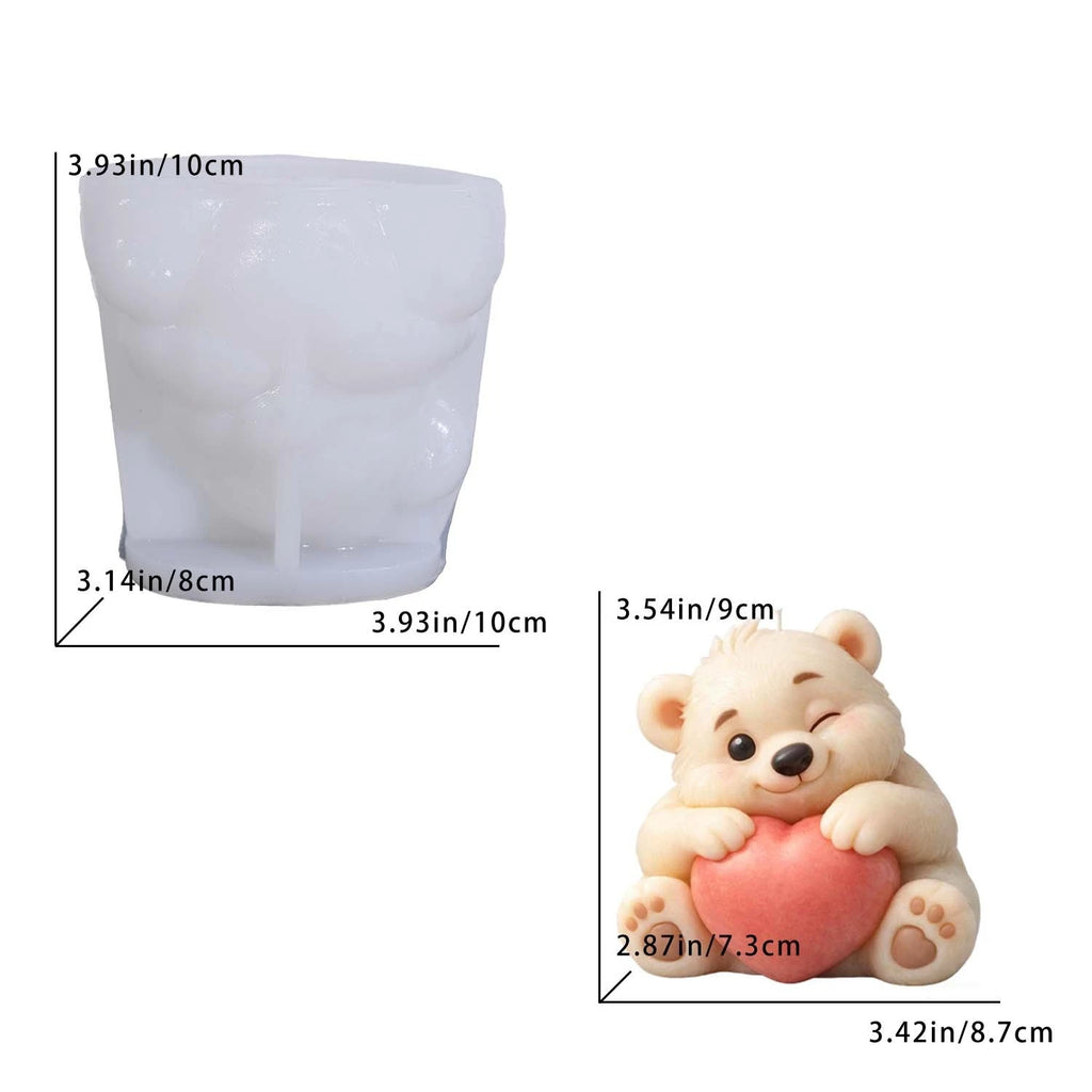 3D Bear Holding Heart Silicone Mold Cute Cartoon Animal Candle Soap Resin Craft Mould DIY Valentine's Day Gift Making Tool Oasis Select White