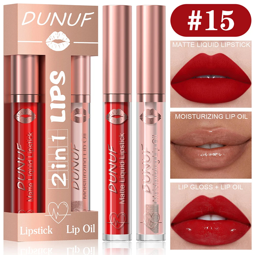 DUNUF Lip Gloss And Lip Oil Set 2-Piece Long-Lasting Waterproof Matte Moisturizing Non-Fading Lipstick Collection Oasis Select 15