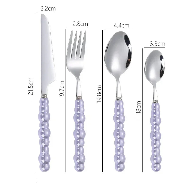 4Pcs/Set Luxury Ceramic Pearl Handle Cutlery Set Knife Fork Spoon Creative Cute Soup Spoon Western Food Steak Knife Spoon Fork Oasis Select Purple-4pcs