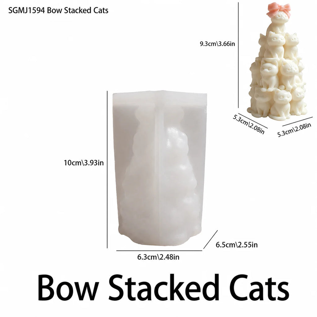 3D Stacked Cats Tower Silicone Mold Cute Bow Cat Shape Mold for DIY Candle Plaster Home Decoration Crafts Oasis Select Ivory Pink