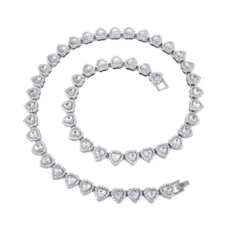 45CM New Hip Hop Tennis Chain Bracelet Necklace Shiny Heart Rhinestone CZ Fashion Rock Party Jewelry Oasis Select