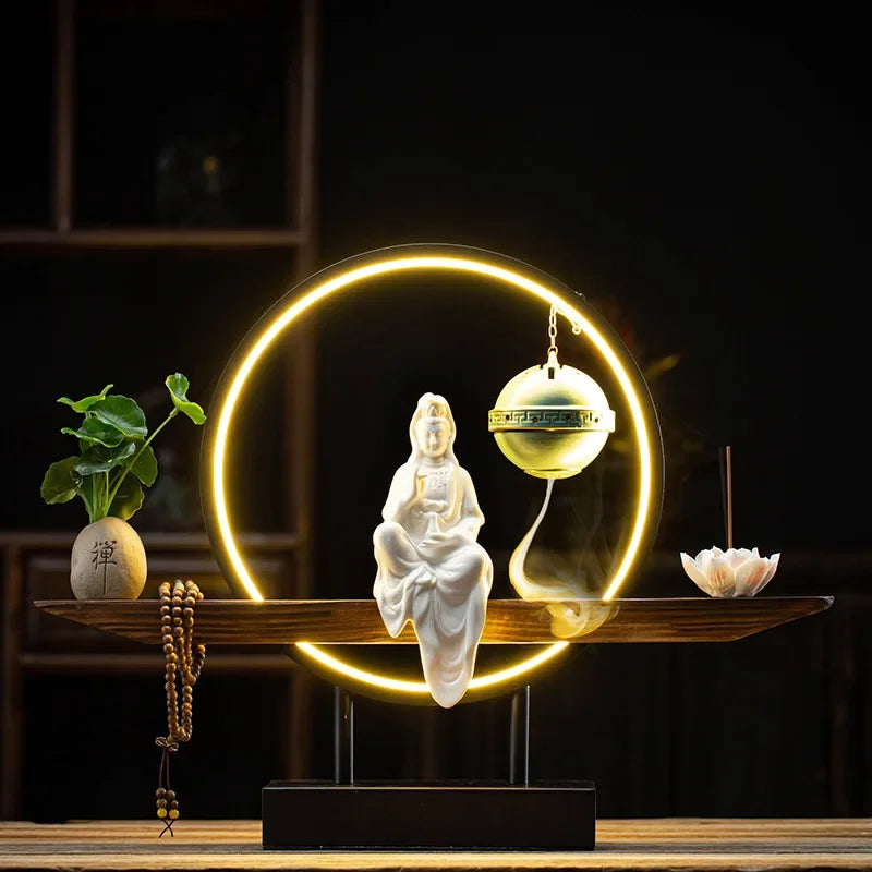 New Chinese Goddess of Mercy Buddha Reverse-flow Incense Burner Zen Decoration Home Decorative Crafts Oasis Select A