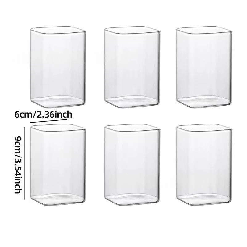 6pcs High-Temperature Resistant Transparent Square Single-Layer Glass Cup Set - Large Capacity Borosilicate Glass Party Cups Oasis Select 250ml 6Pcs