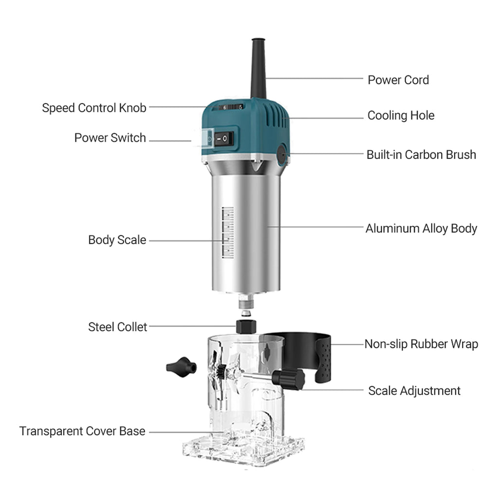 Compact Palm Wood Router Tool Electric Hand Trimmer with 6 Variable Speeds Woodworking Joiner Cutting Palmming Tool 30000RPM 800 Oasis Select