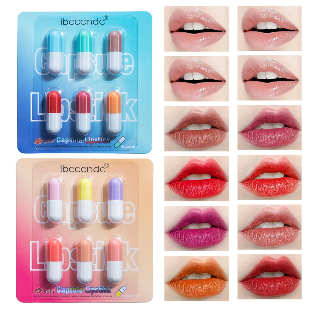 6pcs/set Mini Cute Capsule Lipstick Set with Lip Balm Moisturizing Waterproof Non-stick Cup Carry Pill Lipstick Lips Makeup Gift Oasis Select