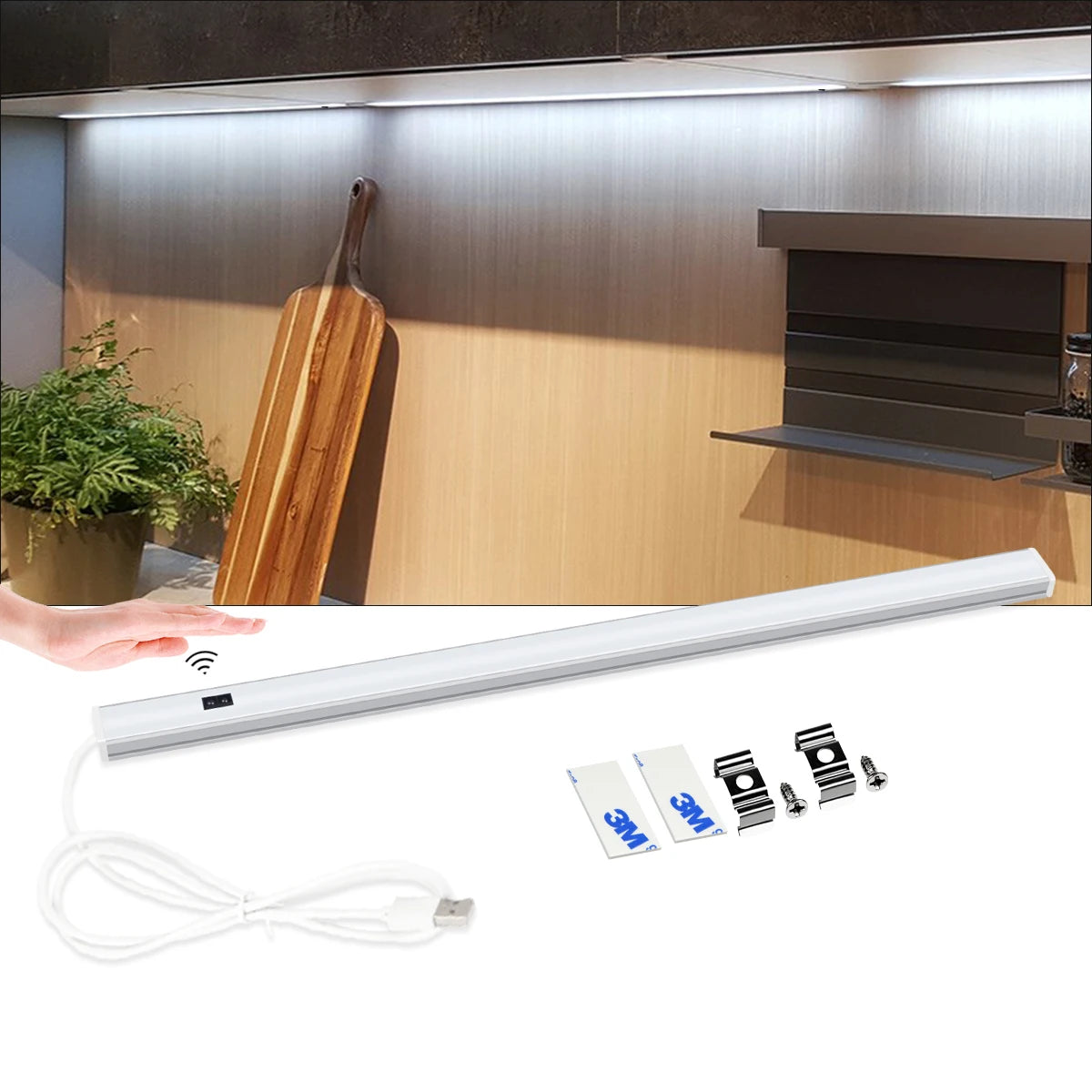 USB Aluminum LED Light Bar 30/40/50cm 5V with Hand Sweep Motion Sensor 3-Color Changeable Kitchen Nightlight for Closet Cupboard Oasis Select