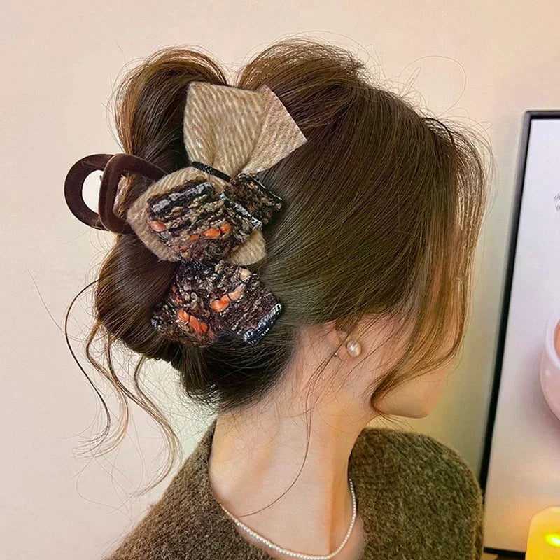 Retro Autumn And Winter Wool-blend Color-block Double Bow Hair Clip For Women Girls Large Shark Clip Hair Accessories Oasis Select