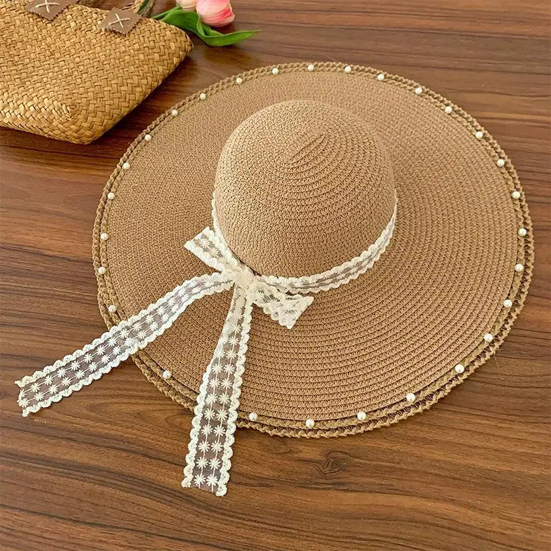 Women Bow Decor Oversize Big Brim Straw Hat Summer Outdoor Sun Block UV Protection Hat Lightweight Breathable Beach Headwear Oasis Select A6