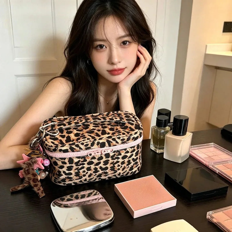 Waterproof Leopard Large Capacity Makeup Case Square Shaped Portable Travel Storage Pouch Fashion Accessory for Ladies Vacation Oasis Select