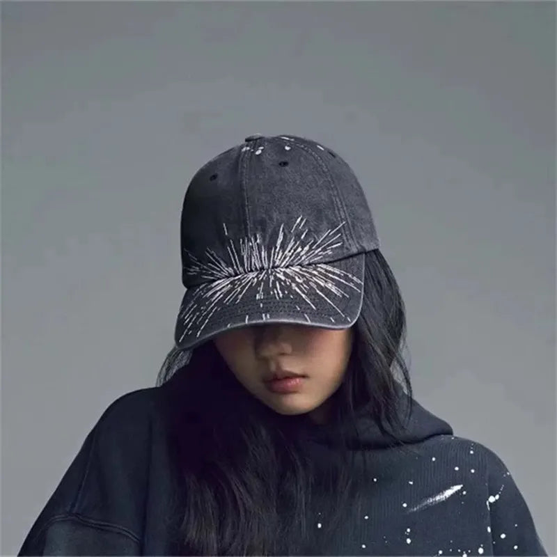 Vintage Washed Cotton Baseball Cap Distressed Printed Soft Denim Hat Retro Casual Headwear for Daily Matching Men and Women Oasis Select