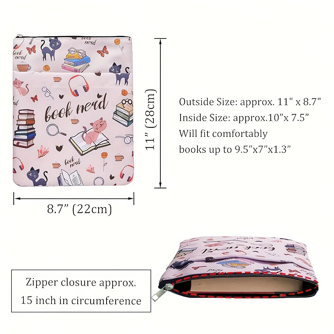 1pc "Book Nerd" Themed Fabric Book Sleeve with Zipper - Durable, Washable Cover for Paperbacks, Featuring Books & Cat Design Oasis Select