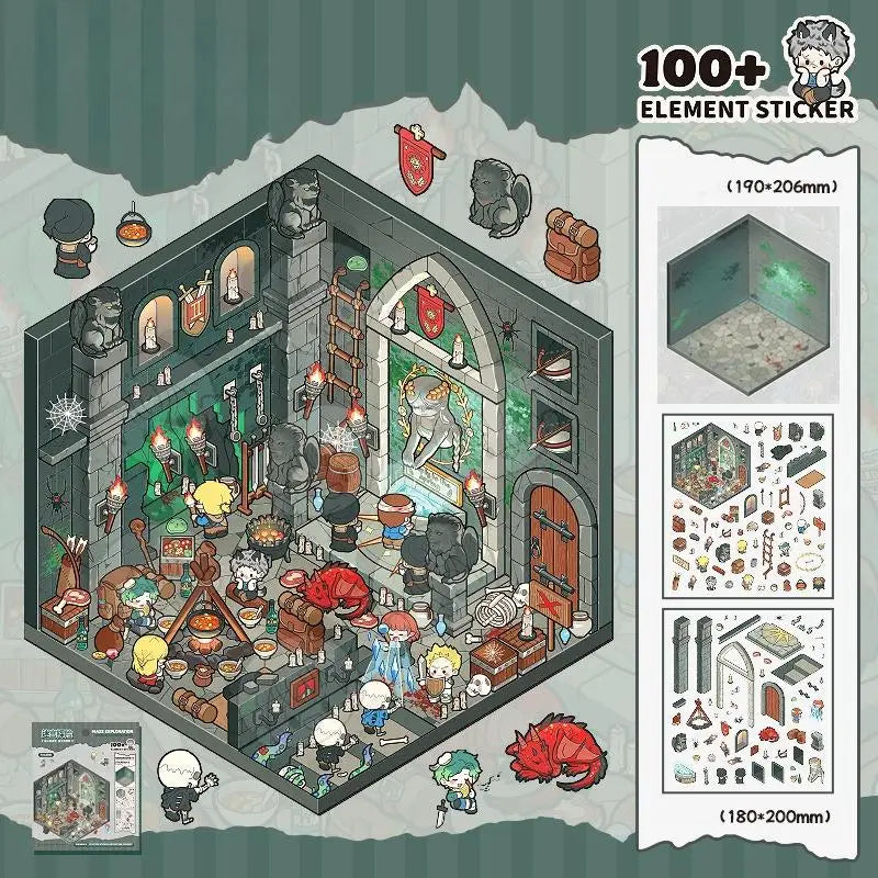 Kawaii 3D Cartoon Miniature Scene Adventure Pocket Cabin Visual Stacking and Pasting Three dimensional Stickers Children Gifts Oasis Select A2