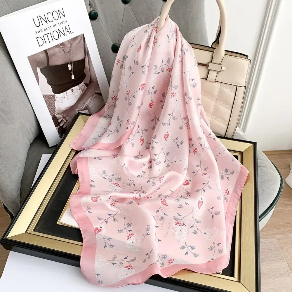Versatile Casual Women's Hairbands 70x70cm Printed Shawls Wraps Imitation Silk Neck Tie Hijab for Women Oasis Select 70x70cm Pink