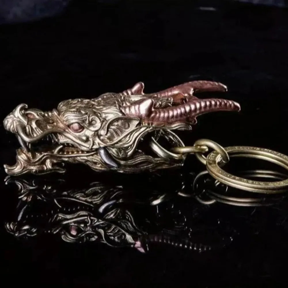 Gold Brass Dragon Head Keychain with Key Ring Fine Carved Domineering Car Keychain Multifunctional Metal Ornaments Luxury Gift Oasis Select