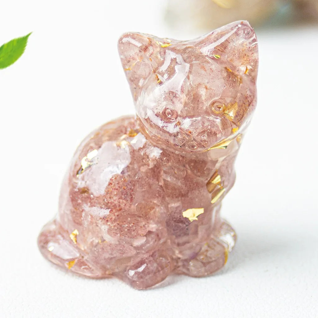 Natural Crystal Gravel Resin Sitting Turning Face Cat Figurine With Gold Foil Cute Desktop Decor For Home Office Oasis Select Light Pink Brown