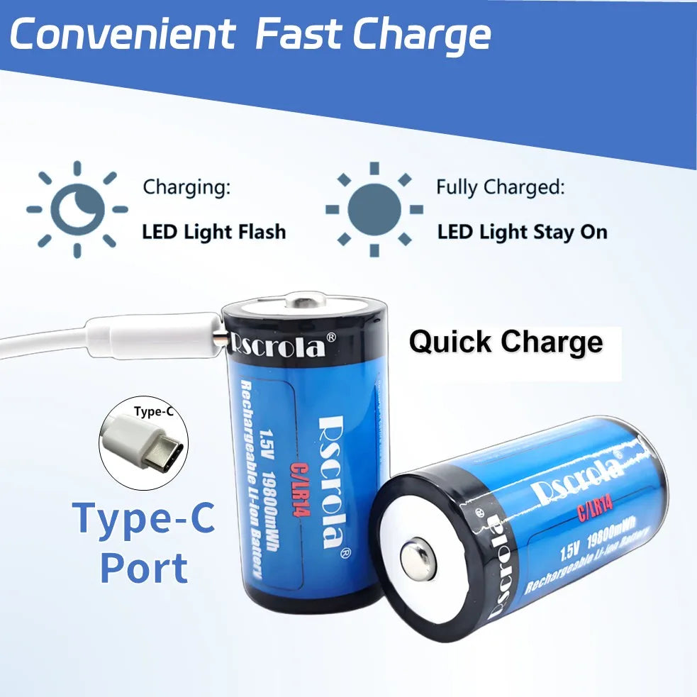 USB-C Rechargeable C Batteries, 19800mWh 1.5V C Batteries, Fast Charging 2 Hours, Replace LR14 Battery for Speakers & Doorbells Oasis Select