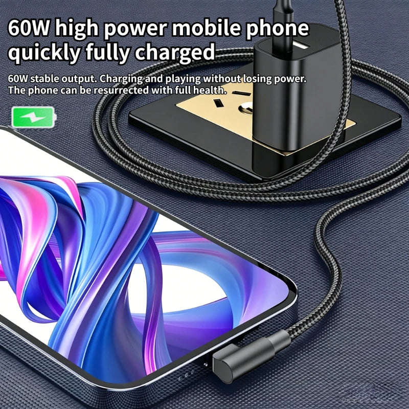 60W USB C To Type C PD 90-Degree Angle Gaming Fast Charging Cable Suitable For Type-C Interface Mobile Phone And Tablet Devices Oasis Select