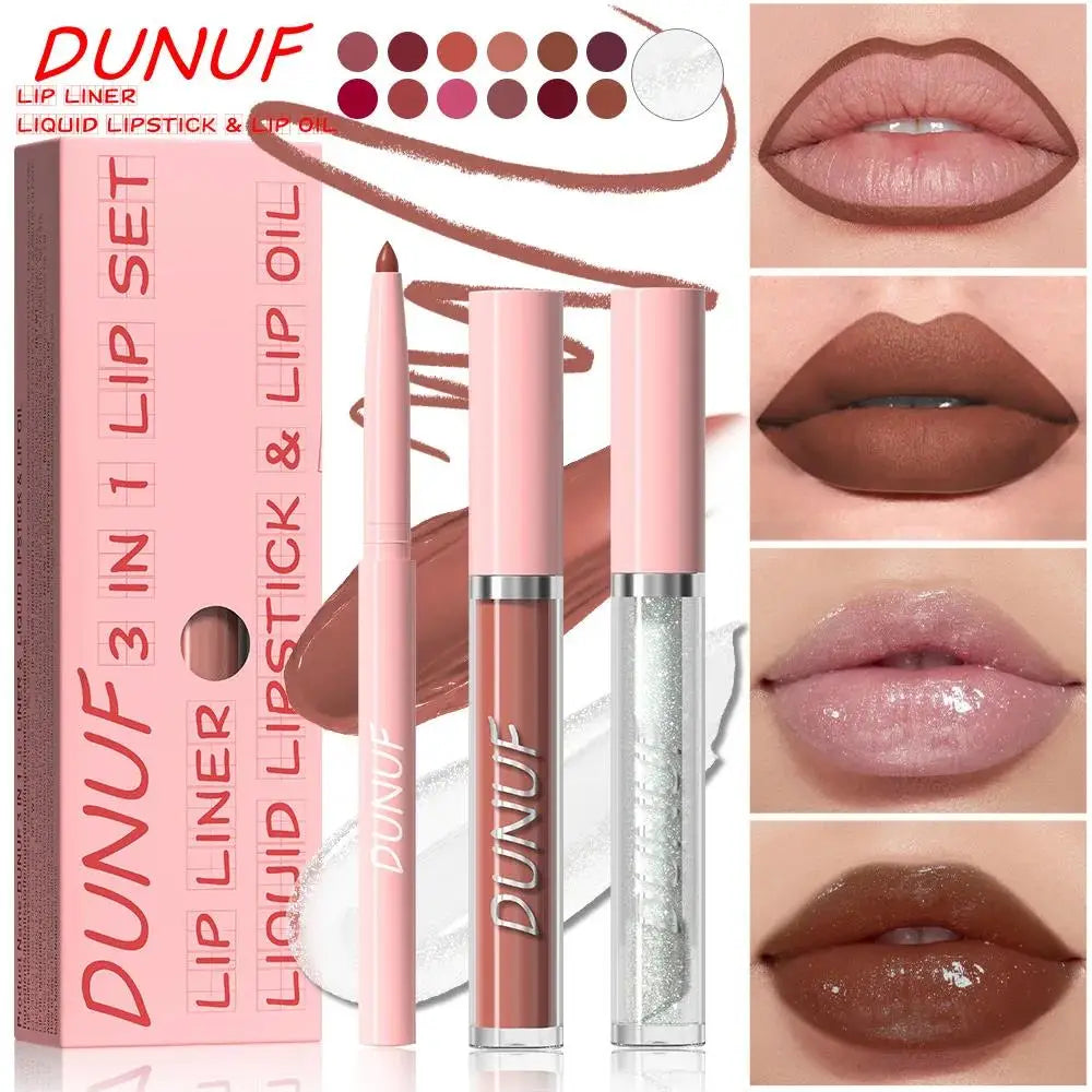 DUNUF 3-Pc Matte Lipstick Set – Lip Liner, Gloss & Oil Kit