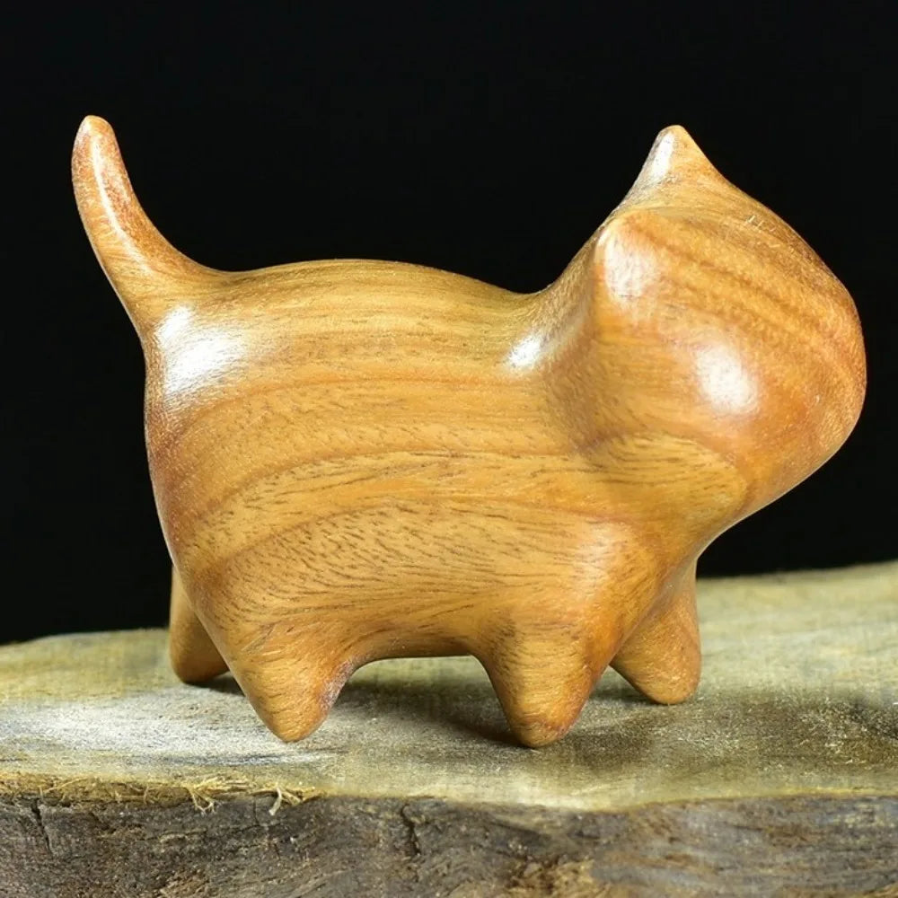 Handmade Wooden Cat Figurine with Bell | Natural Wood Decor Wood Cat Figurine Oasis Select Khaki No Bell